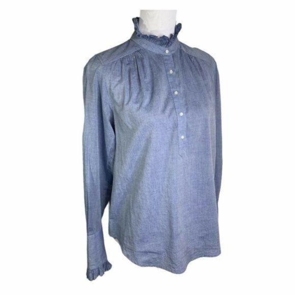 Joie Blue Melange Ruffle Mock Neck Long Sleeve Top - Picture 3 of 12
